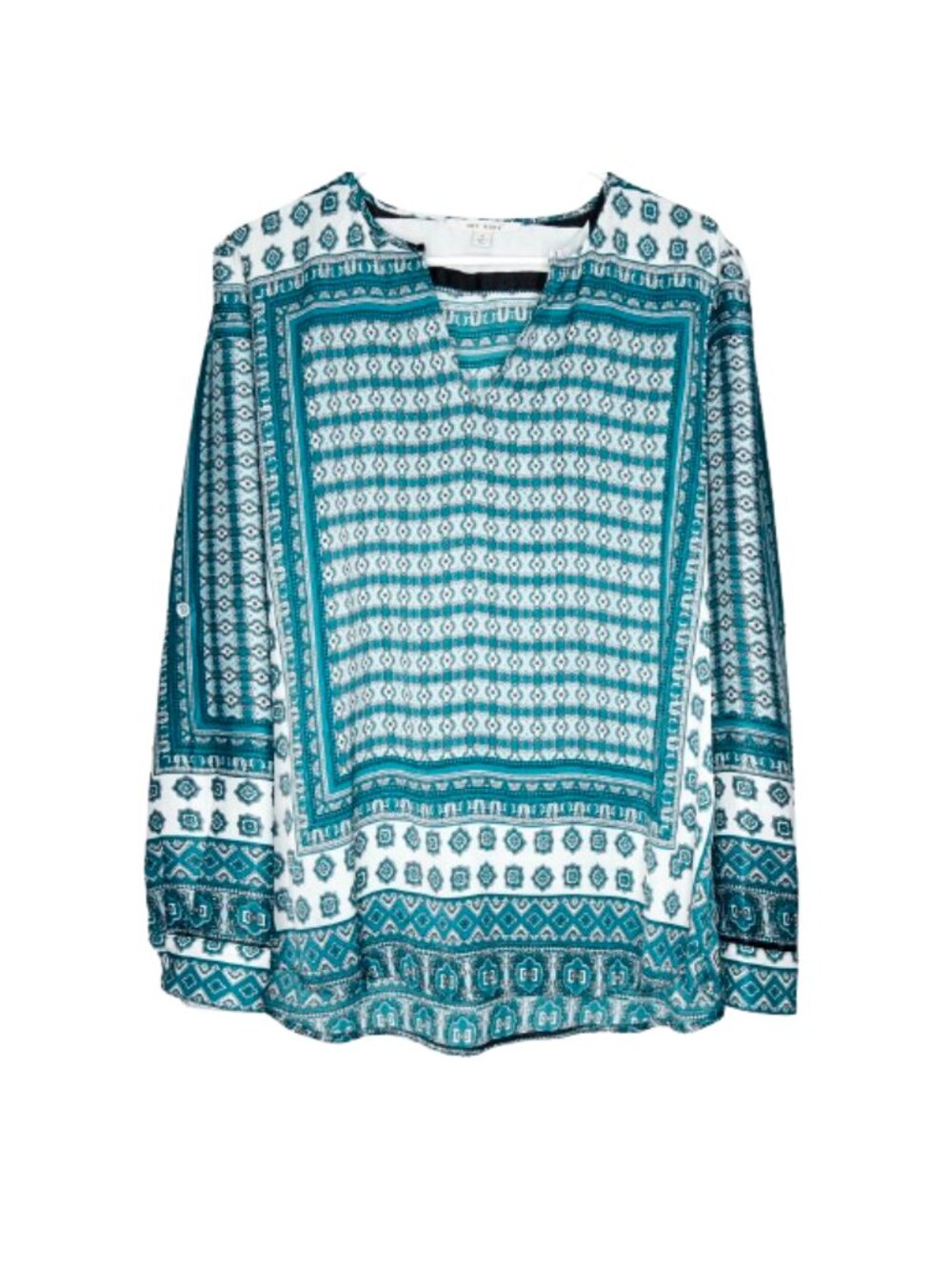 Miami Green & Ivory White Graphic Long Sleeve Split Neck Blouse - L